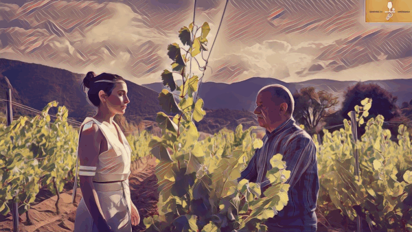 Nel Cuore della Barbagia: Incontro tra Tradizione e Futuro nella Vigna di Orgosolo, Ritratto NFT di un Coltivatore e una Donna Sarda tra i Filari dei Vini Storici, Biologici e di Qualità della Sardegna
